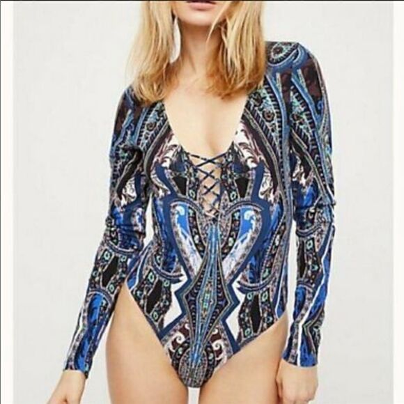 NWT Free People blue lace up boho bodysuit - Picture 1 of 2